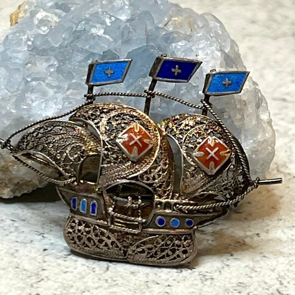 Antique Ship Brooch Silver tone filigree enamel c clasp stamped nautical sail